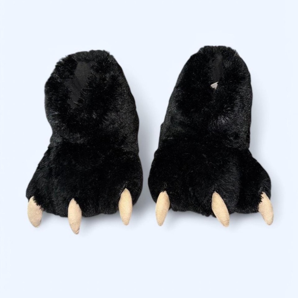 Black Furry Bear Paw Slippers